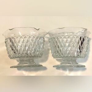 Indiana Glass Vtg. Diamond Point Scallop Edge Footed Candle Holder Clear. Pair